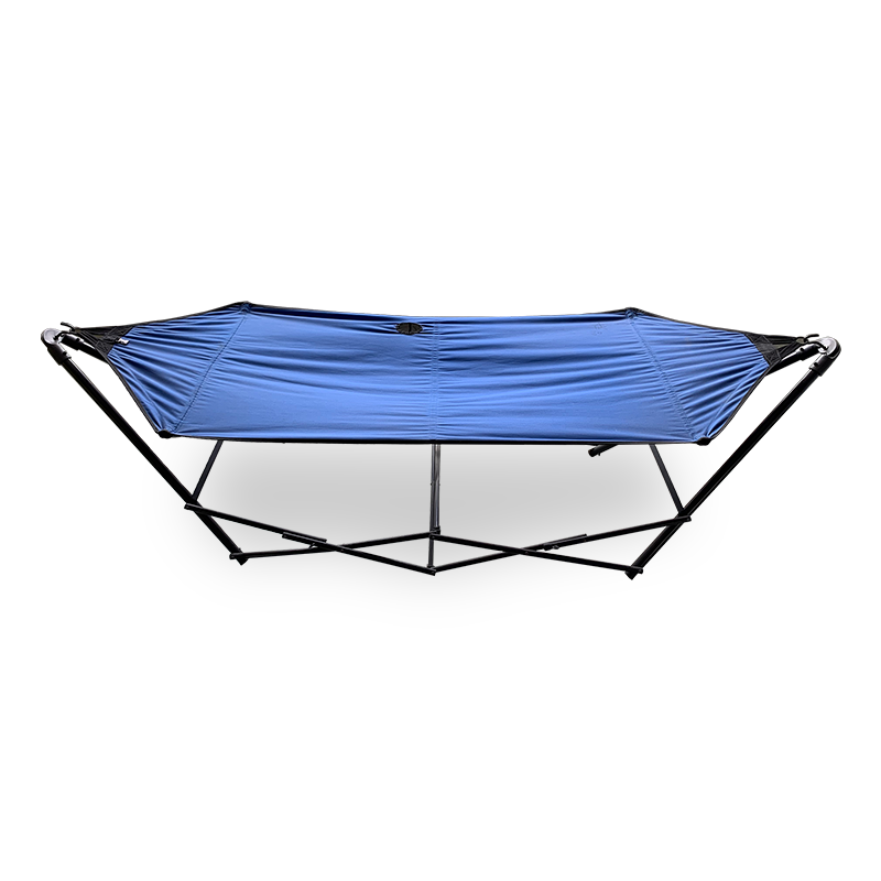 Hamaca plegable portátil para salón, cama de camping, soporte de marco de acero con bolsa de transporte, color azul